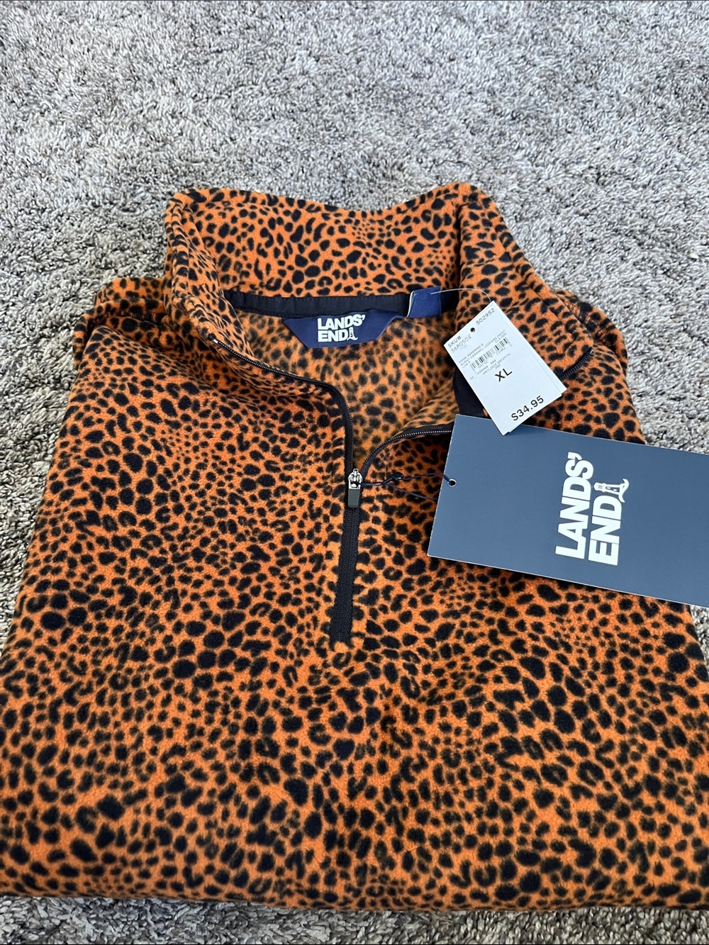 Lands' End women Orange and Black Leopard-Print Quarter Zip Pullover. New. XL